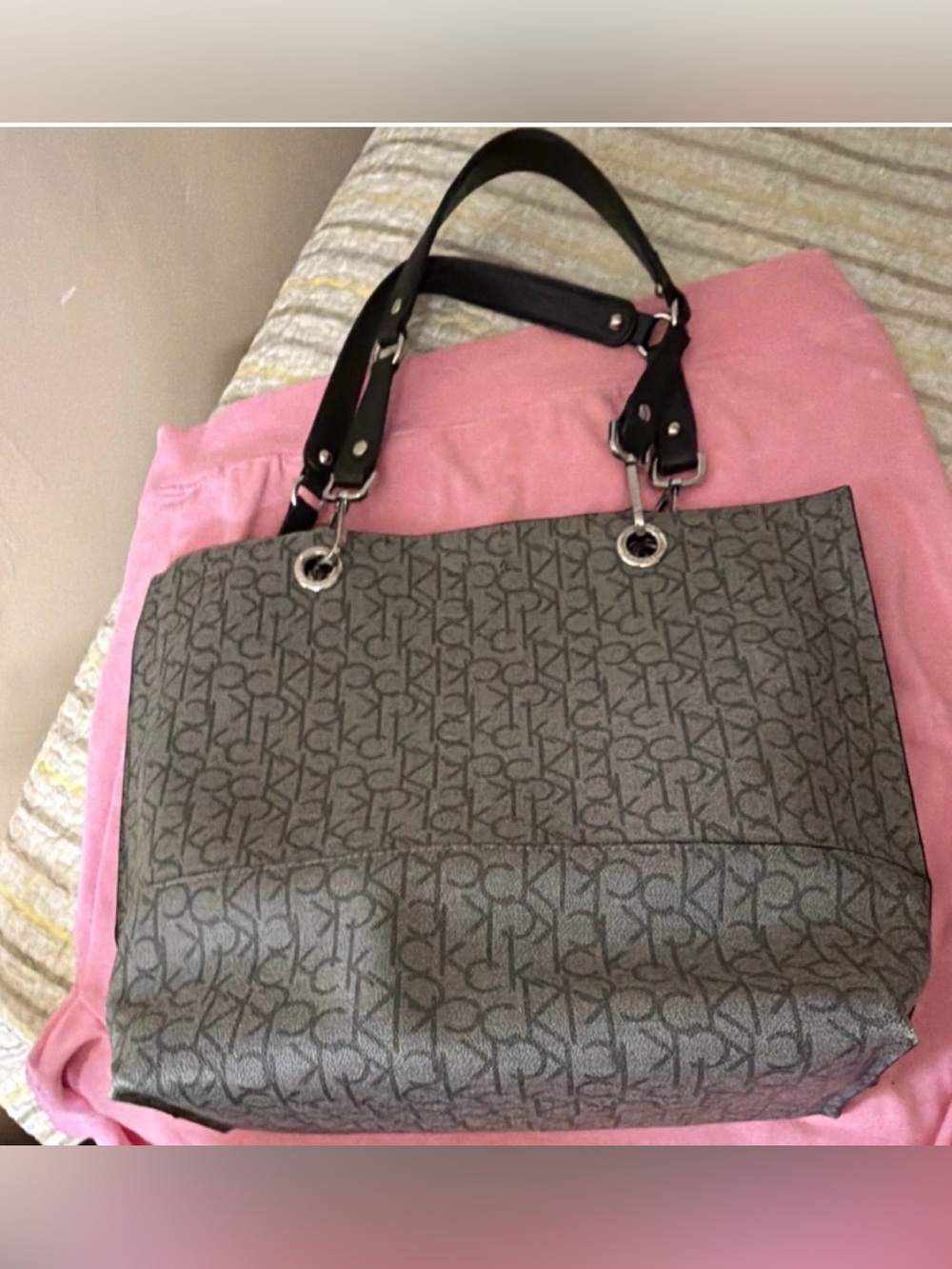 Calvin Klein Reversible Logo Ivory Black Leather Tote Bag